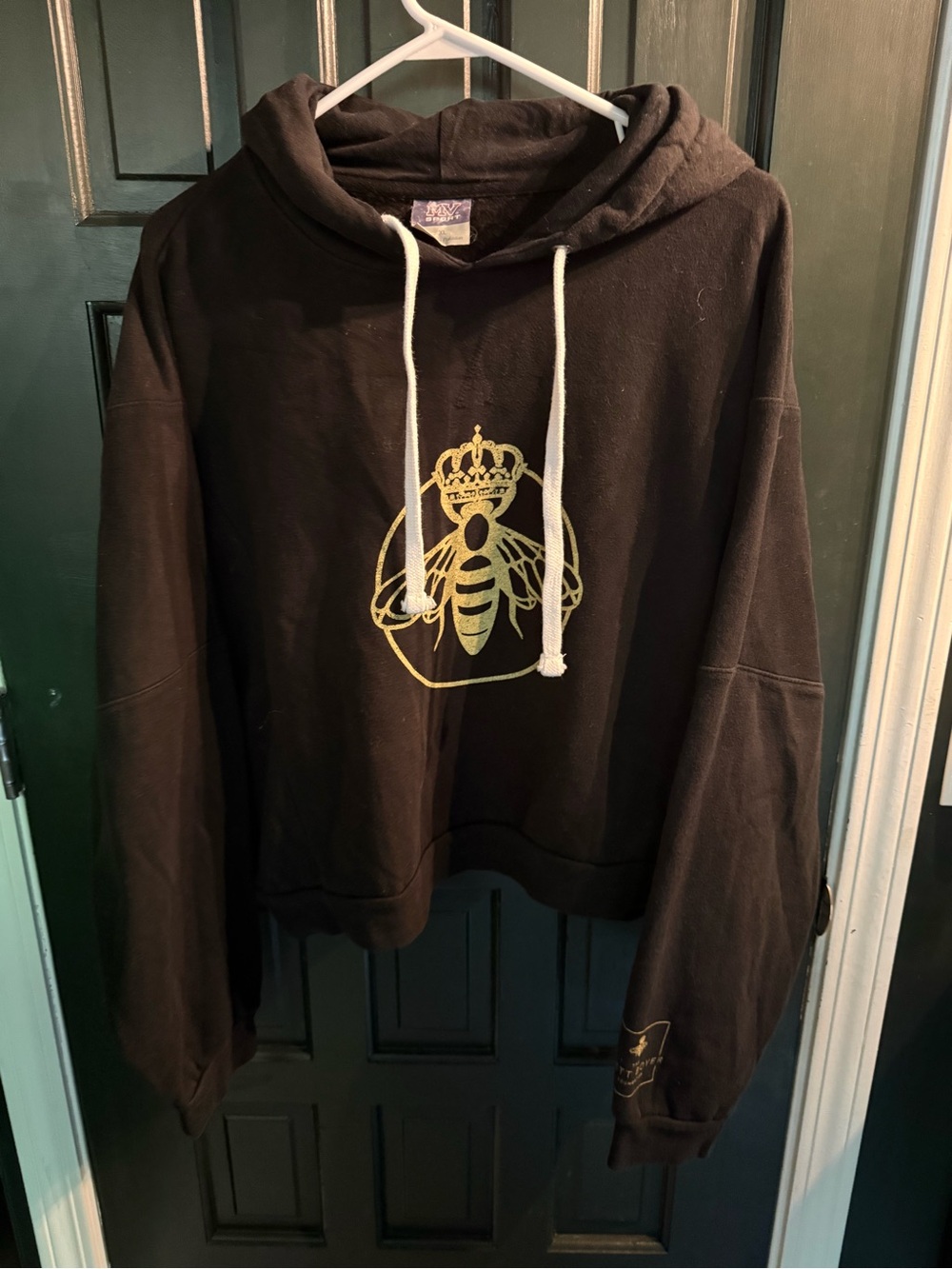 Black Cropped Hoodie with Gold Bee Crest Graphic
